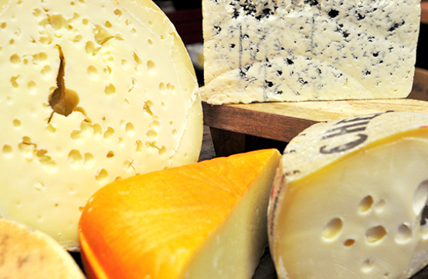 Close-up selection of cheeses cuts